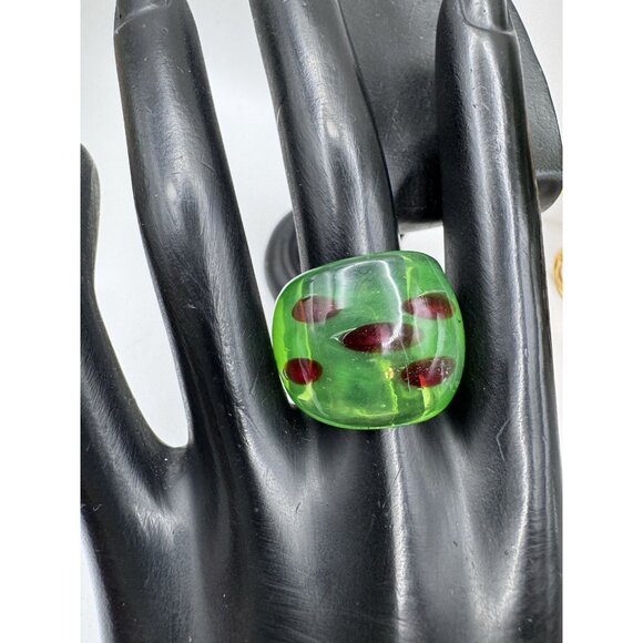 Bohemian Art Abstract Green And Red Watermelon Hand Blown Glass Bling Ring sz 7 - Picture 1 of 9
